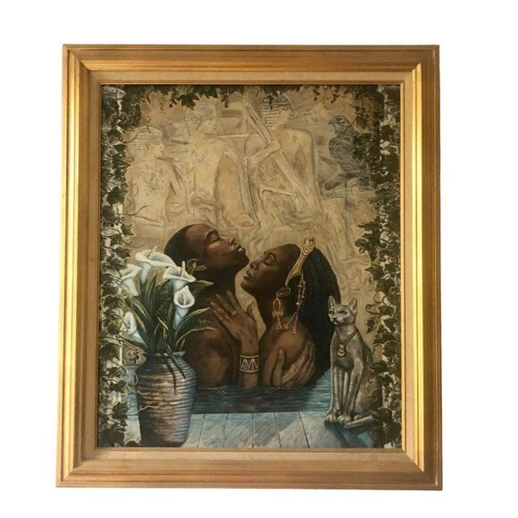 Vintage Framed Print Egyptian Couple Cat - Picture 1 of 4